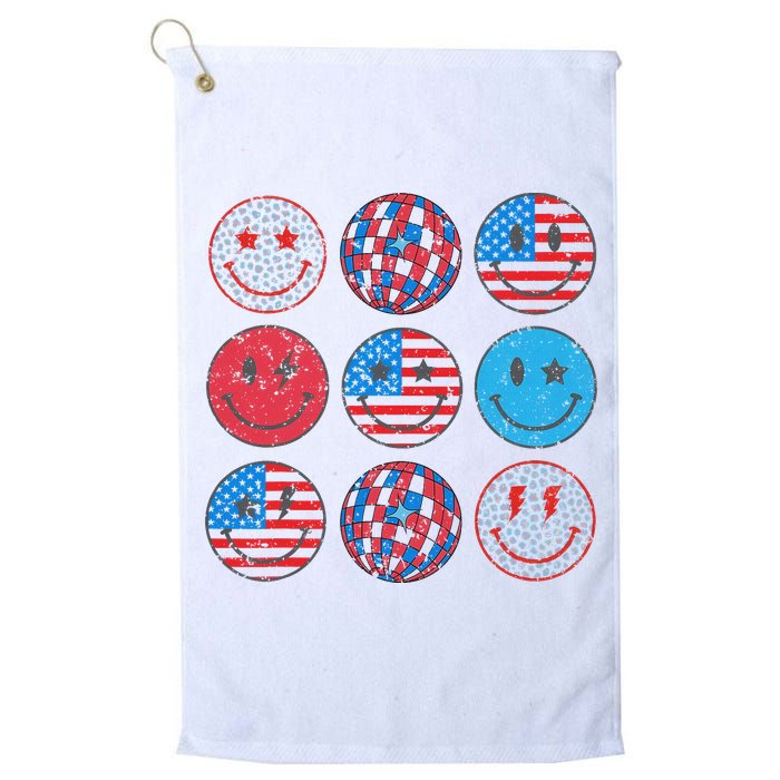 Happy 4th Of July Groovy Smile Face Red White Blue Usa Flag Golf Towel