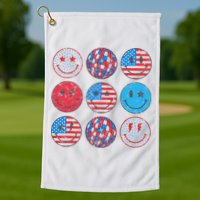Happy 4th Of July Groovy Smile Face Red White Blue Usa Flag Golf Towel