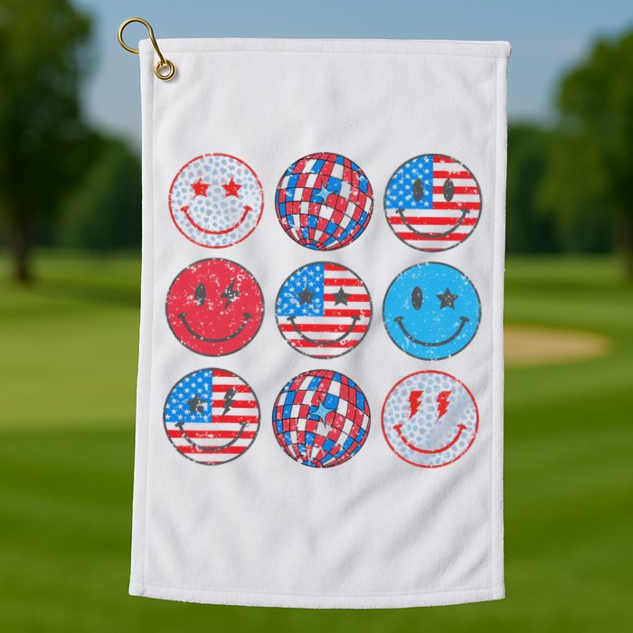Happy 4th Of July Groovy Smile Face Red White Blue Usa Flag Golf Towel