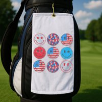 Happy 4th Of July Groovy Smile Face Red White Blue Usa Flag Golf Towel