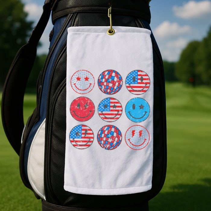 Happy 4th Of July Groovy Smile Face Red White Blue Usa Flag Golf Towel
