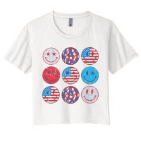 Happy 4th Of July Groovy Smile Face Red White Blue Usa Flag Women's Crop Top Tee