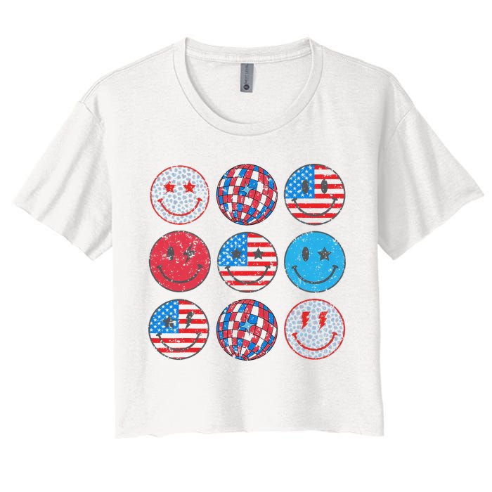 Happy 4th Of July Groovy Smile Face Red White Blue Usa Flag Women's Crop Top Tee