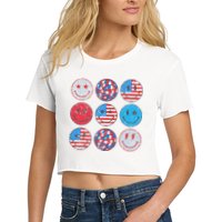Happy 4th Of July Groovy Smile Face Red White Blue Usa Flag Women's Crop Top Tee
