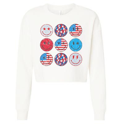 Happy 4th Of July Groovy Smile Face Red White Blue Usa Flag Cropped Pullover Crew