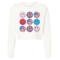Happy 4th Of July Groovy Smile Face Red White Blue Usa Flag Cropped Pullover Crew