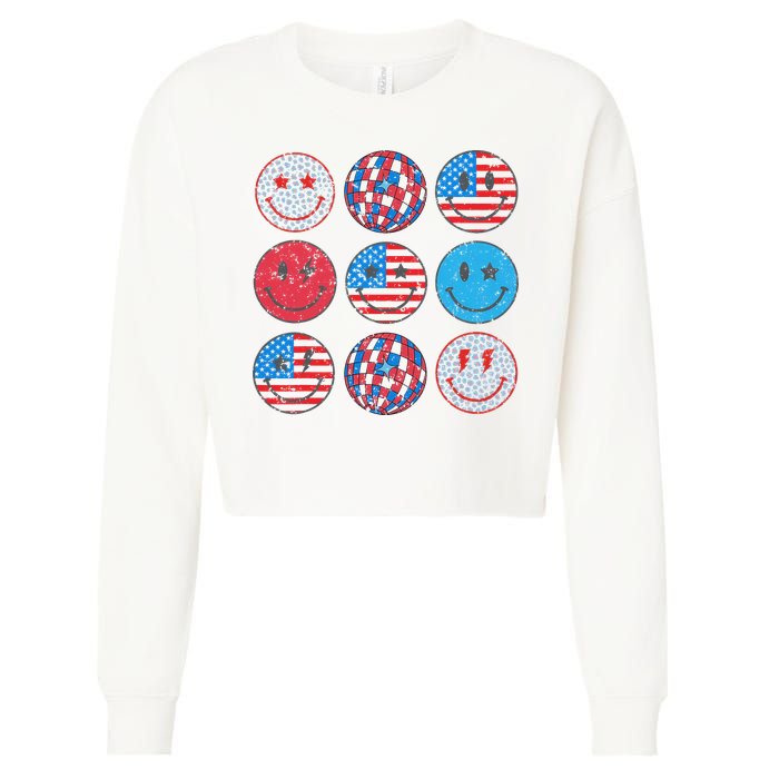 Happy 4th Of July Groovy Smile Face Red White Blue Usa Flag Cropped Pullover Crew