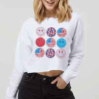 Happy 4th Of July Groovy Smile Face Red White Blue Usa Flag Cropped Pullover Crew