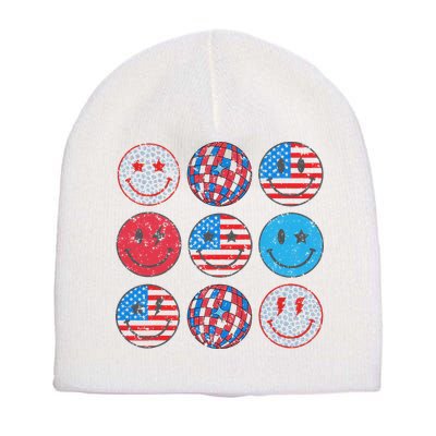 Happy 4th Of July Groovy Smile Face Red White Blue Usa Flag Short Acrylic Beanie