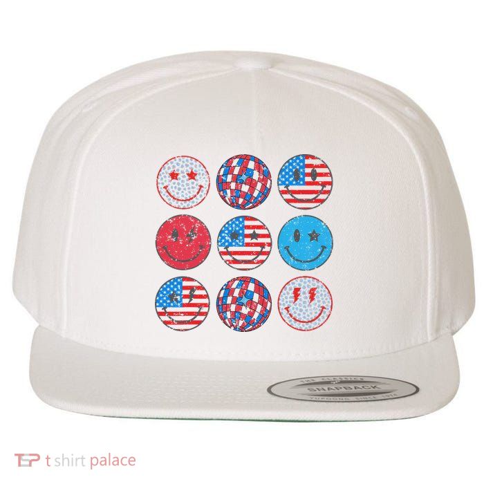 Happy 4th Of July Groovy Smile Face Red White Blue Usa Flag Wool Snapback Cap