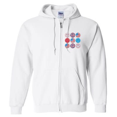 Happy 4th Of July Groovy Smile Face Red White Blue Usa Flag Full Zip Hoodie