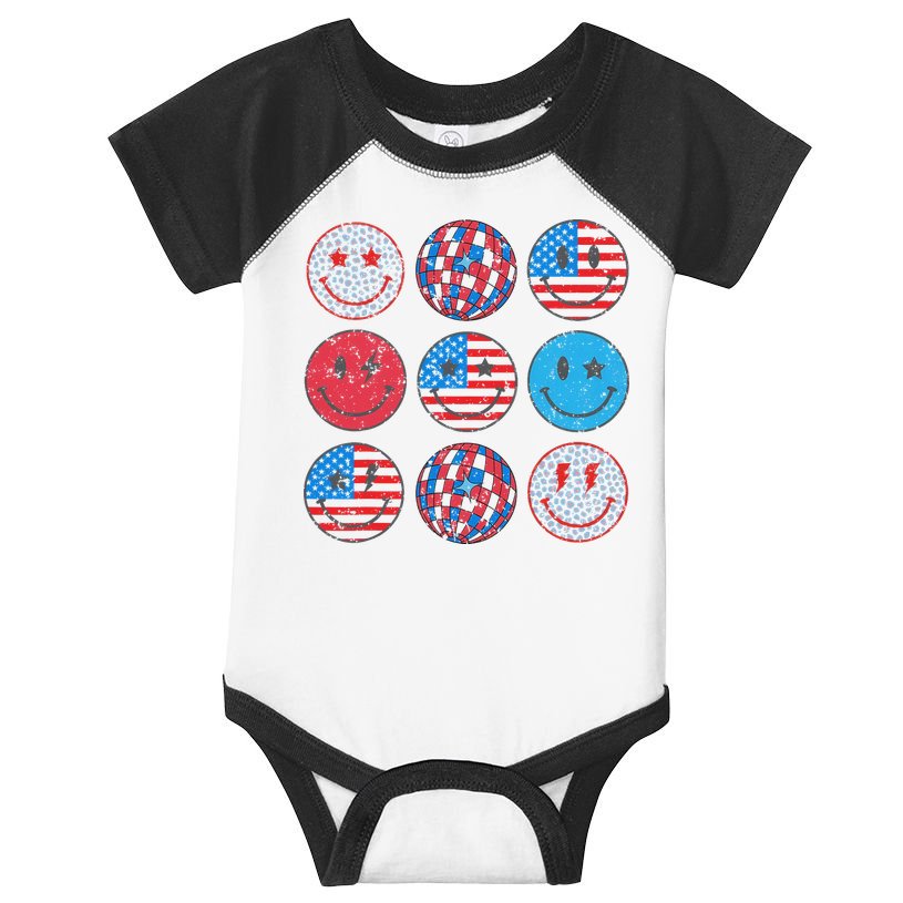 Happy 4th Of July Groovy Smile Face Red White Blue Usa Flag Infant Baby Jersey Bodysuit