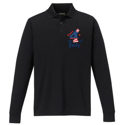 Happy 4th Of July Patriotic American Us Flag Women Performance Long Sleeve Polo