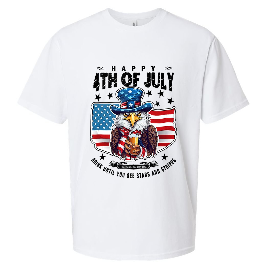 Happy 4th Of July Stars Stripes Usa Bald Eagle Beer Drinking Sueded Cloud Jersey T-Shirt
