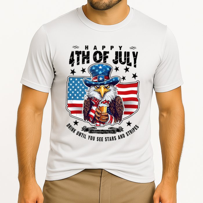 Happy 4th Of July Stars Stripes Usa Bald Eagle Beer Drinking Cooling Performance Crew T-Shirt