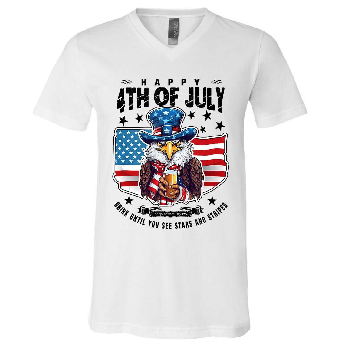 Happy 4th Of July Stars Stripes Usa Bald Eagle Beer Drinking V-Neck T-Shirt