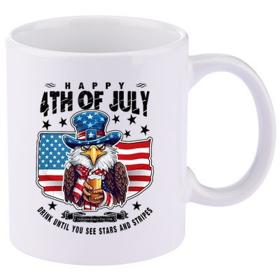 Happy 4th Of July Stars Stripes Usa Bald Eagle Beer Drinking 11oz C Handle Ceramic Mug