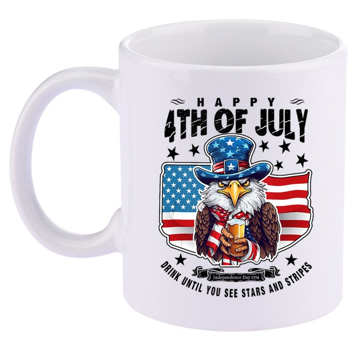 Happy 4th Of July Stars Stripes Usa Bald Eagle Beer Drinking 11oz C Handle Ceramic Mug