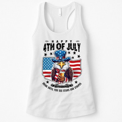 Happy 4th Of July Stars Stripes Usa Bald Eagle Beer Drinking Womens Tank Top