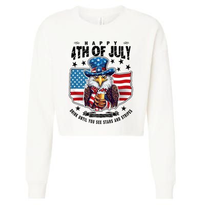 Happy 4th Of July Stars Stripes Usa Bald Eagle Beer Drinking Cropped Pullover Crew