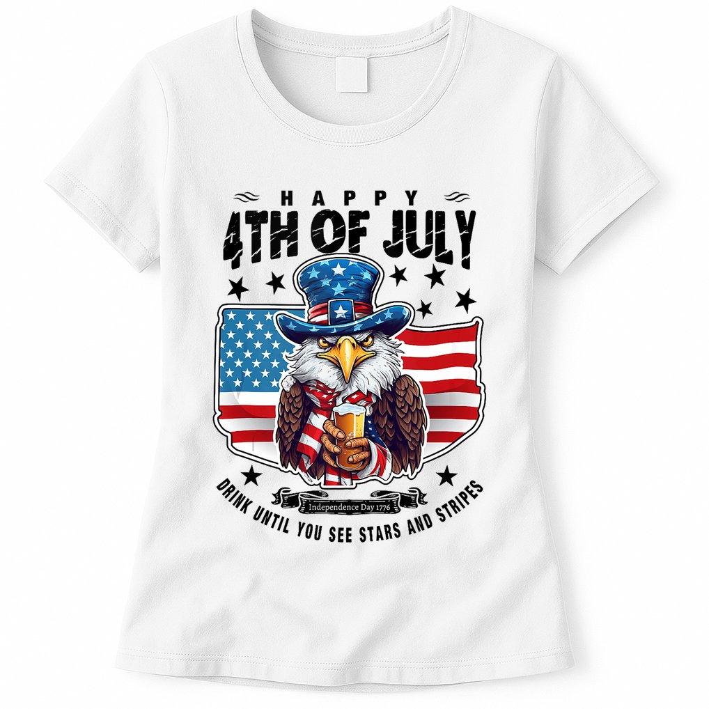Happy 4th Of July Stars Stripes Usa Bald Eagle Beer Drinking Womens T-Shirt