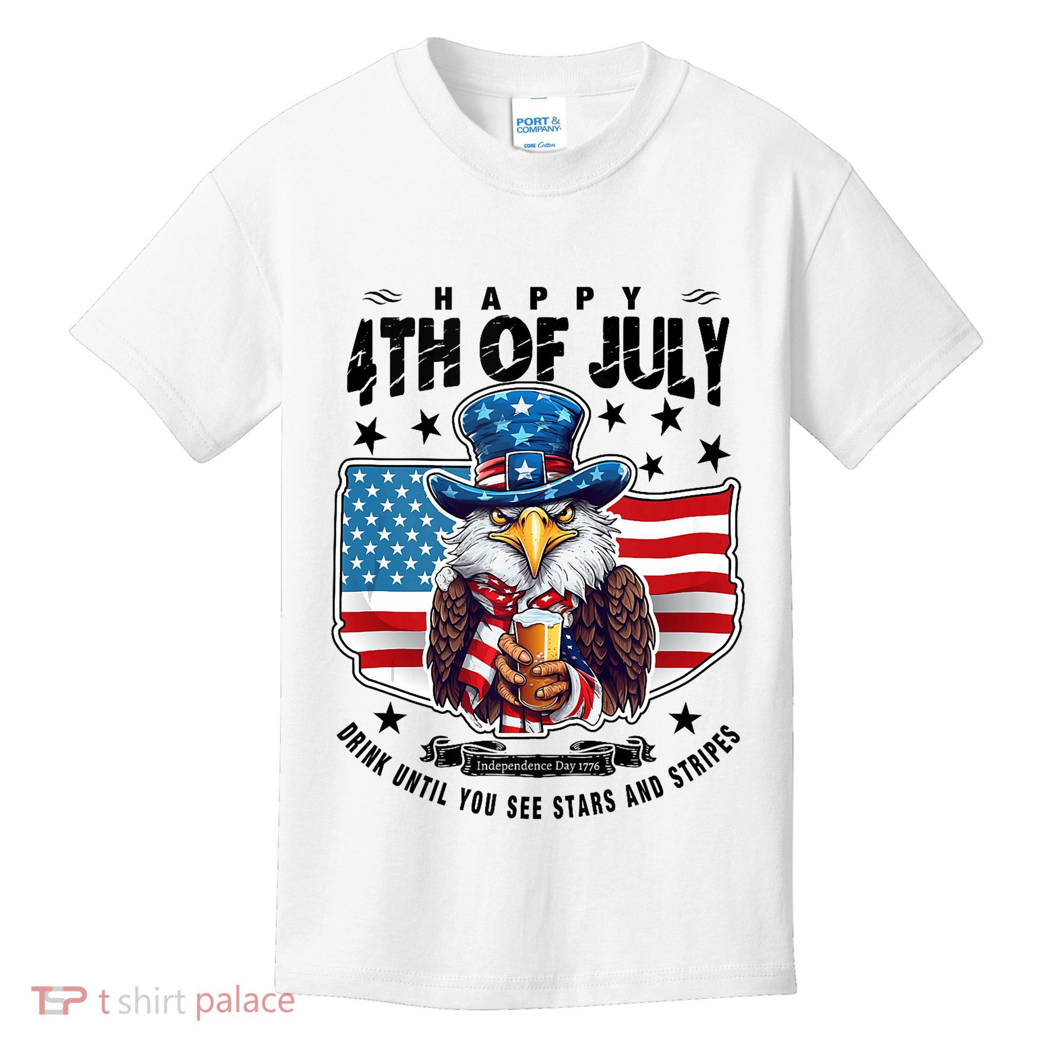 Happy 4th Of July Stars Stripes Usa Bald Eagle Beer Drinking Kids T-Shirt