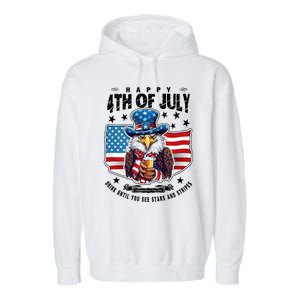 Happy 4th Of July Stars Stripes Usa Bald Eagle Beer Drinking Garment-Dyed Fleece Hoodie