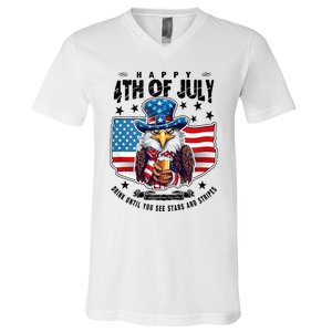 Happy 4th Of July Stars Stripes Usa Bald Eagle Beer Drinking V-Neck T-Shirt