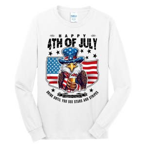 Happy 4th Of July Stars Stripes Usa Bald Eagle Beer Drinking Tall Long Sleeve T-Shirt