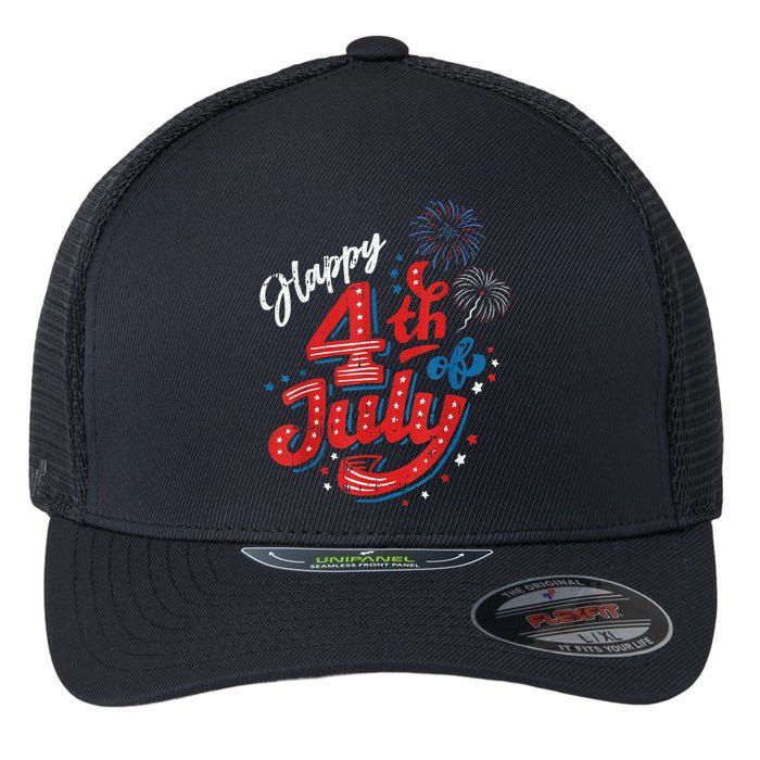 Happy 4th Of July Cool Independence Day Patriotic American Flexfit Unipanel Trucker Cap