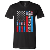 Happy 4th Of July American Flag Fireworks V-Neck T-Shirt