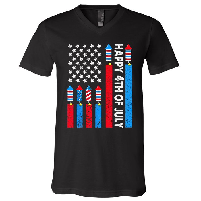 Happy 4th Of July American Flag Fireworks V-Neck T-Shirt