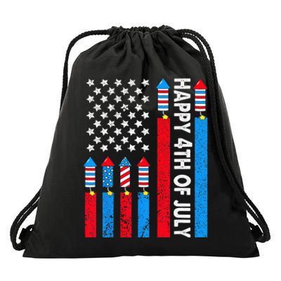 Happy 4th Of July American Flag Fireworks Drawstring Bag