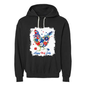 Happy 4th Of July Floral Chicken Flowers Patriotic Usa Flag Garment-Dyed Fleece Hoodie