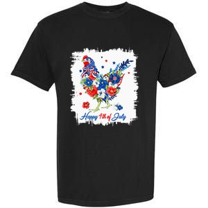 Happy 4th Of July Floral Chicken Flowers Patriotic Usa Flag Garment-Dyed Heavyweight T-Shirt