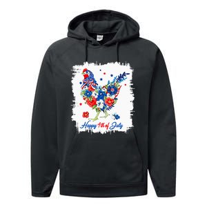 Happy 4th Of July Floral Chicken Flowers Patriotic Usa Flag Performance Fleece Hoodie