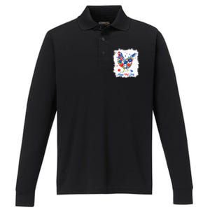 Happy 4th Of July Floral Chicken Flowers Patriotic Usa Flag Performance Long Sleeve Polo