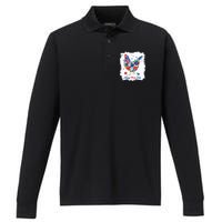 Happy 4th Of July Floral Chicken Flowers Patriotic Usa Flag Performance Long Sleeve Polo