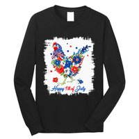 Happy 4th Of July Floral Chicken Flowers Patriotic Usa Flag Long Sleeve Shirt