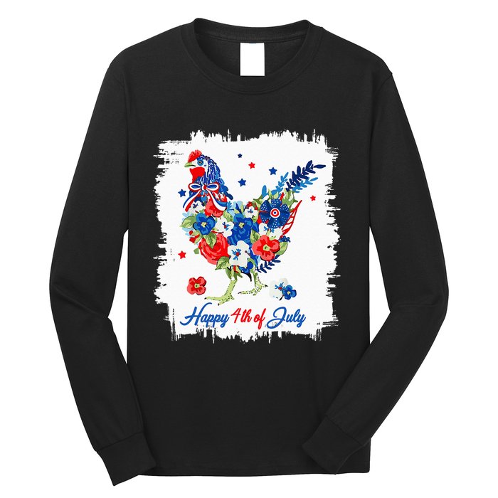 Happy 4th Of July Floral Chicken Flowers Patriotic Usa Flag Long Sleeve Shirt