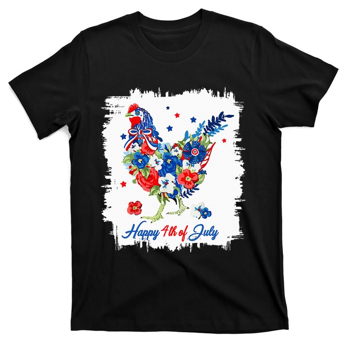 Happy 4th Of July Floral Chicken Flowers Patriotic Usa Flag T-Shirt