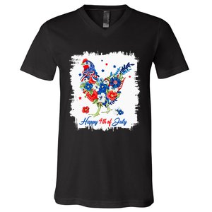 Happy 4th Of July Floral Chicken Flowers Patriotic Usa Flag V-Neck T-Shirt