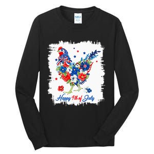 Happy 4th Of July Floral Chicken Flowers Patriotic Usa Flag Tall Long Sleeve T-Shirt