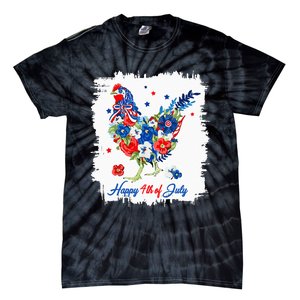 Happy 4th Of July Floral Chicken Flowers Patriotic Usa Flag Tie-Dye T-Shirt