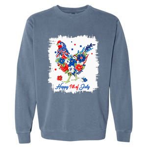 Happy 4th Of July Floral Chicken Flowers Patriotic Usa Flag Garment-Dyed Sweatshirt