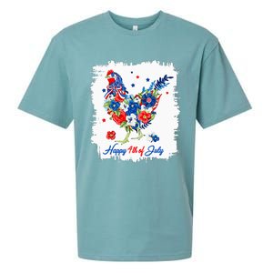 Happy 4th Of July Floral Chicken Flowers Patriotic Usa Flag Sueded Cloud Jersey T-Shirt