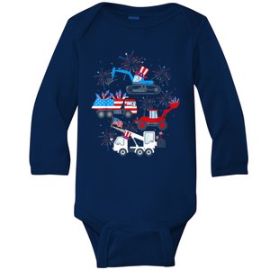 Happy 4th Of July Crane Truck Construction Toddler Boys Baby Long Sleeve Bodysuit