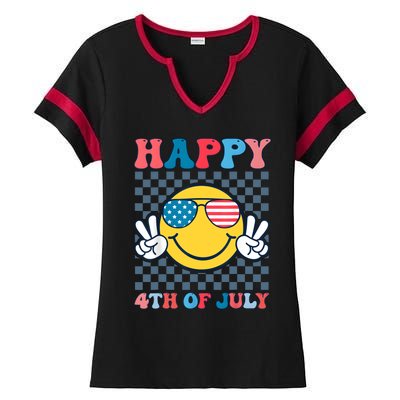 Happy 4th Of July Smile Sunglasses Patriotic American Flag Ladies Halftime Notch Neck Tee