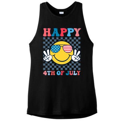 Happy 4th Of July Smile Sunglasses Patriotic American Flag Ladies PosiCharge Tri-Blend Wicking Tank