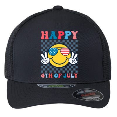 Happy 4th Of July Smile Sunglasses Patriotic American Flag Flexfit Unipanel Trucker Cap